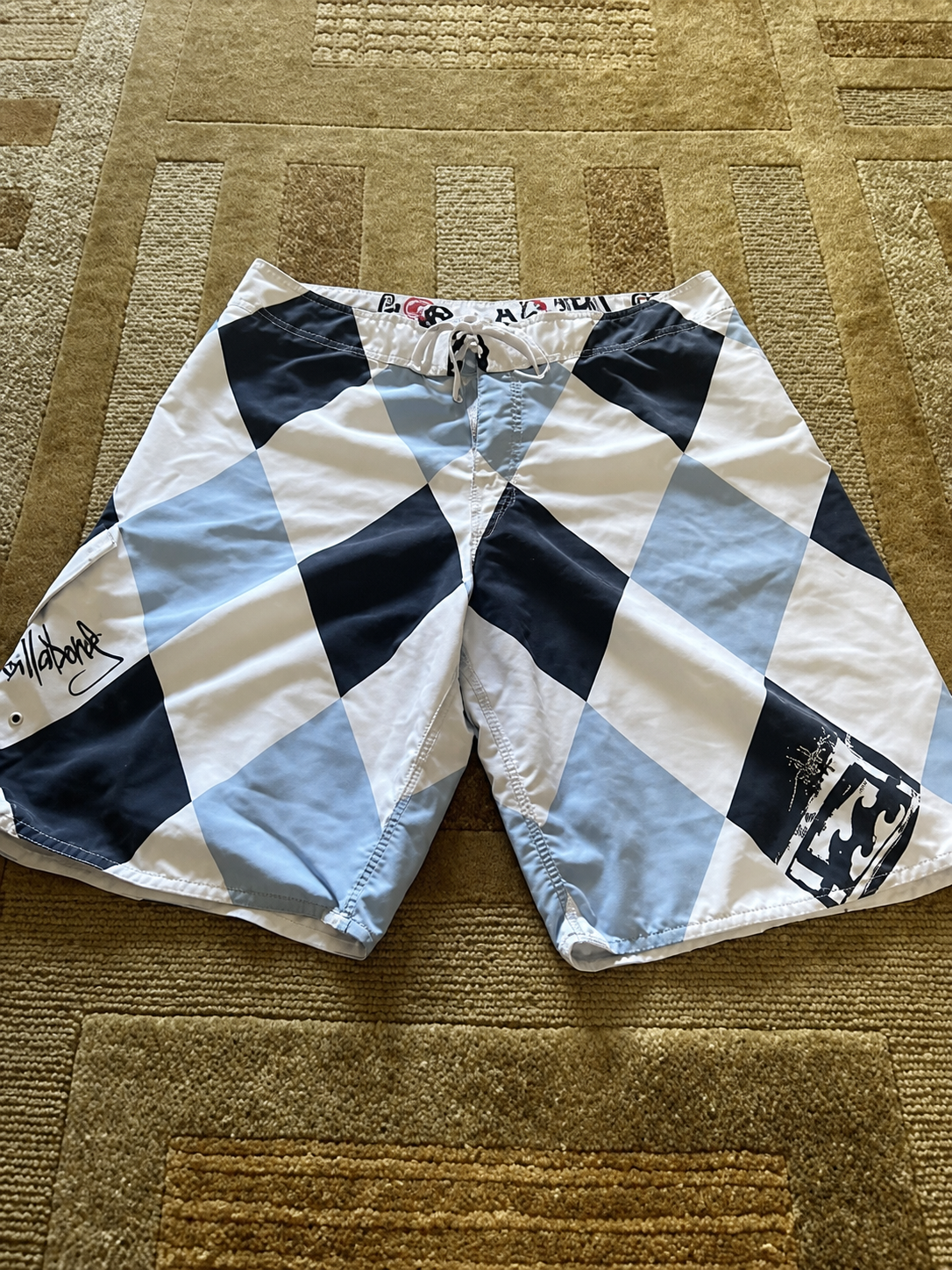 Black Ice Argyle Andy Irons-era boardshort reference in black / white / ice blue