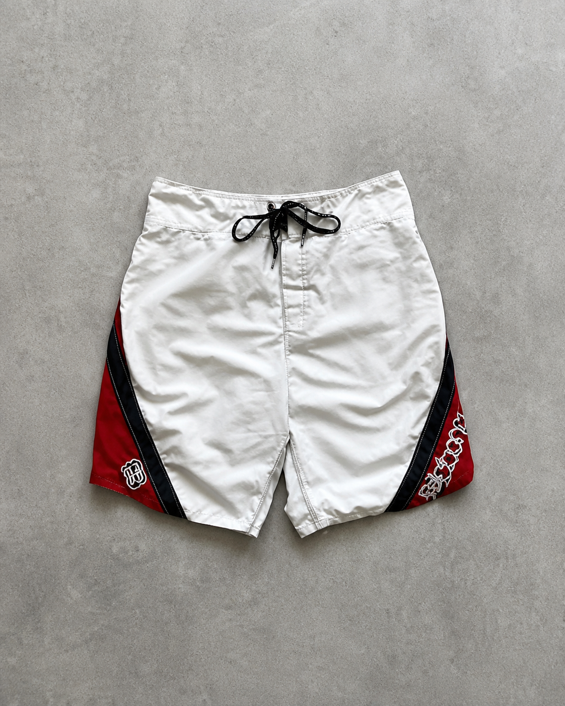 White Red Mini Panel Andy Irons-era boardshort reference in white / red / black
