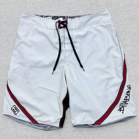 White Red Script Andy Irons-era boardshort reference in white / red / black