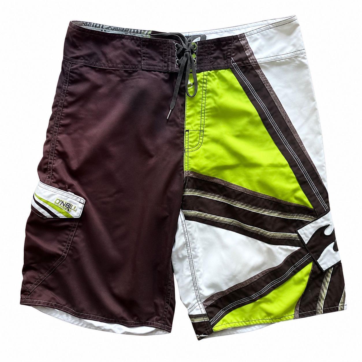 Lime Split Panel Andy Irons-era boardshort reference in lime / brown / white